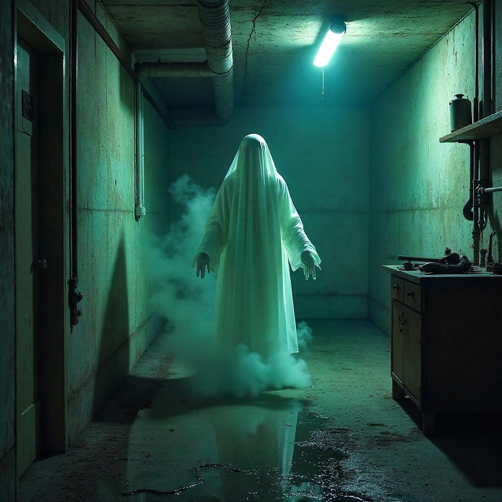 Photorealistic specter in a dim basement
