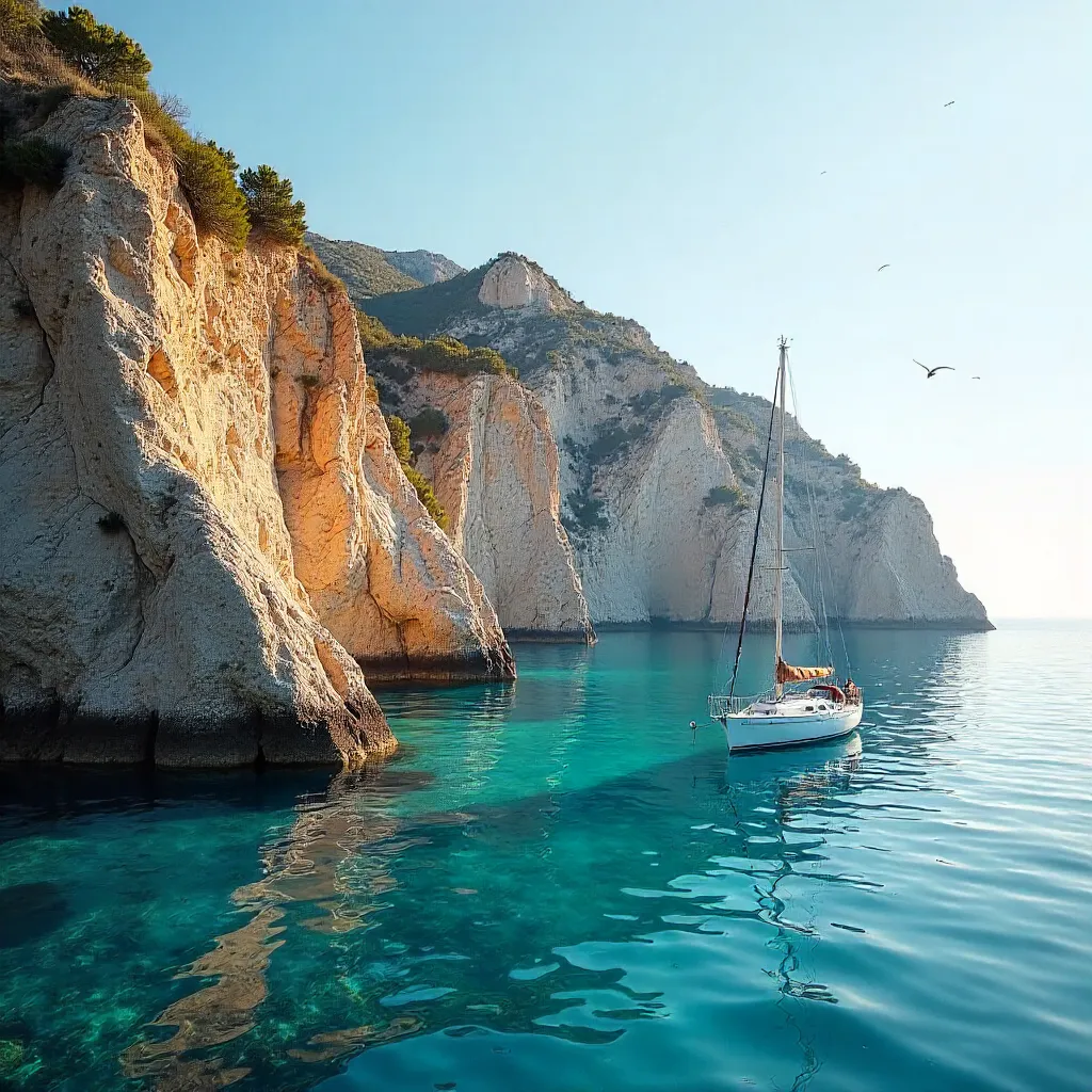 Serene Sailboat by Mallorca's Rocky Cliffs