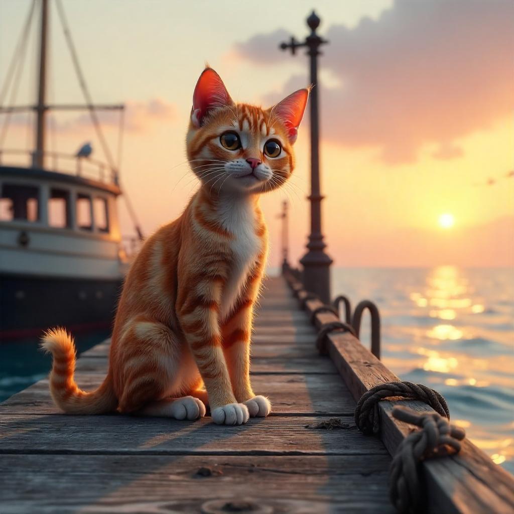 3D Rendered Cat on a Pier at Dusk