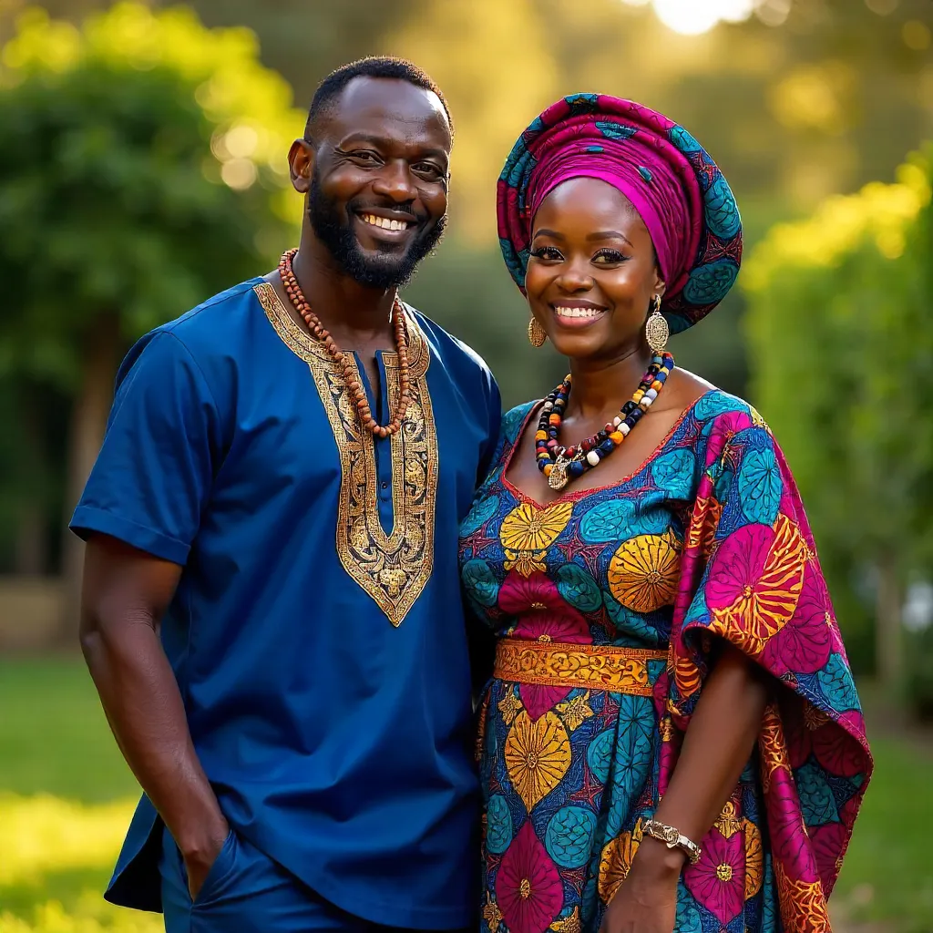 Vibrant Outdoor Portrait: Two Adults in African Attire
