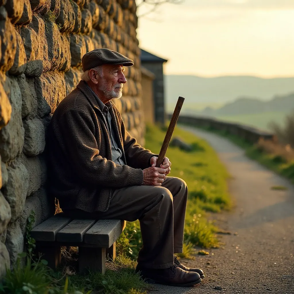 Elderly Reflections by the Historic Stone Wall