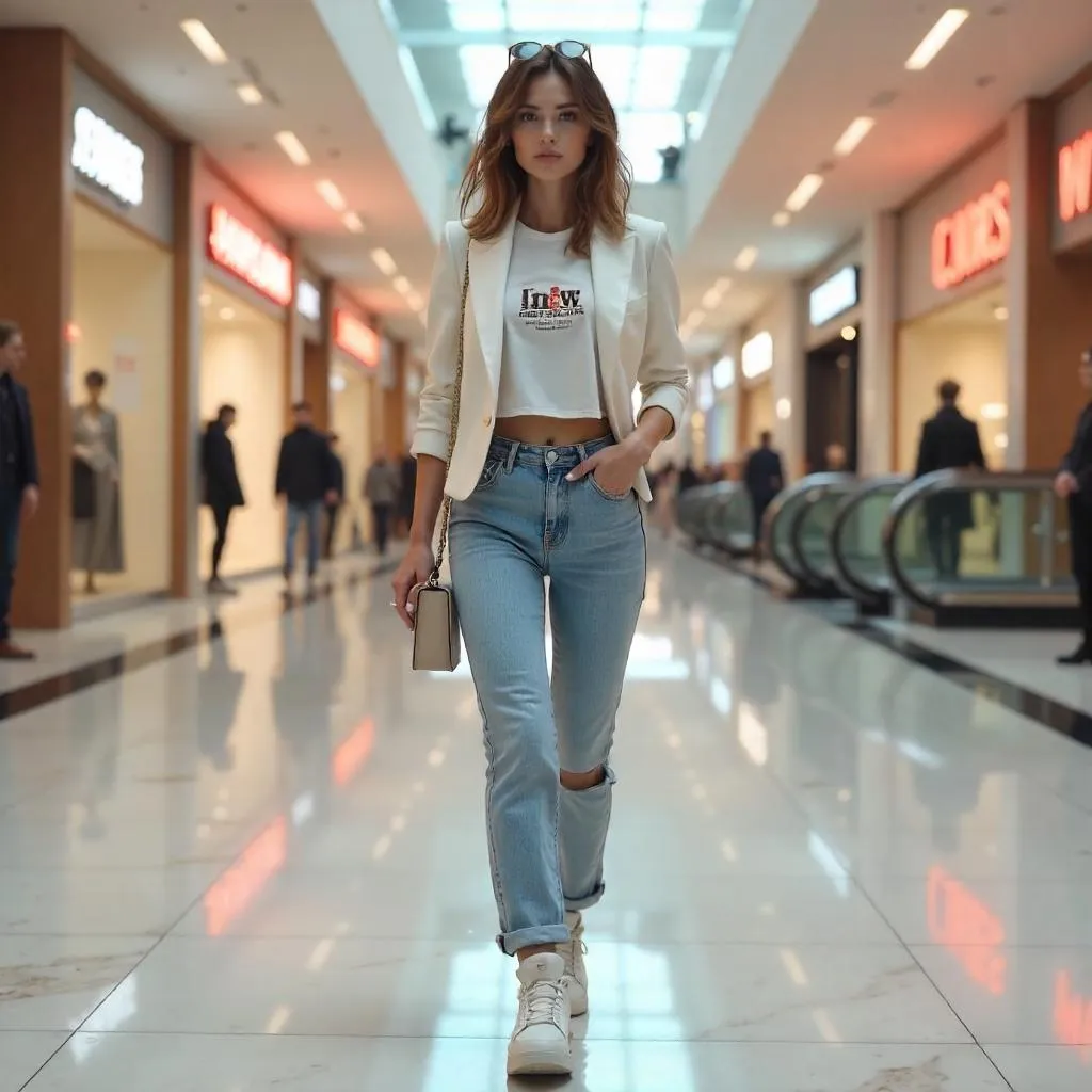 3D Render: Stylish Caucasian Woman in a Mall