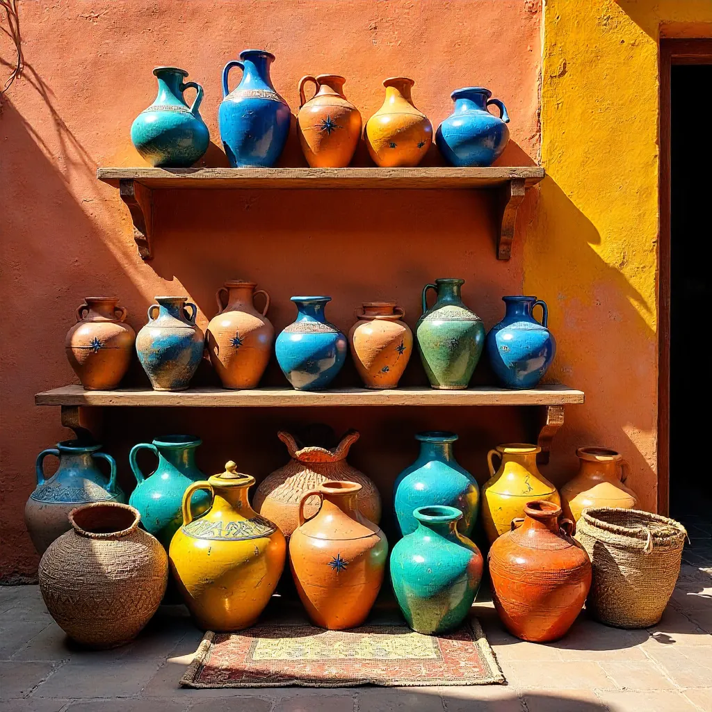 Colorful Moroccan Pottery on a Vibrant Wall