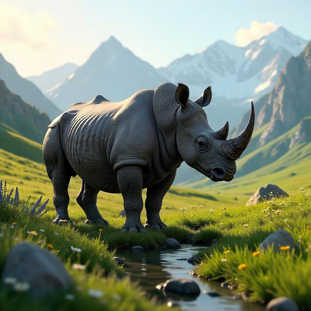 3D Rhino in Alpine Meadow: Luminous Highlands