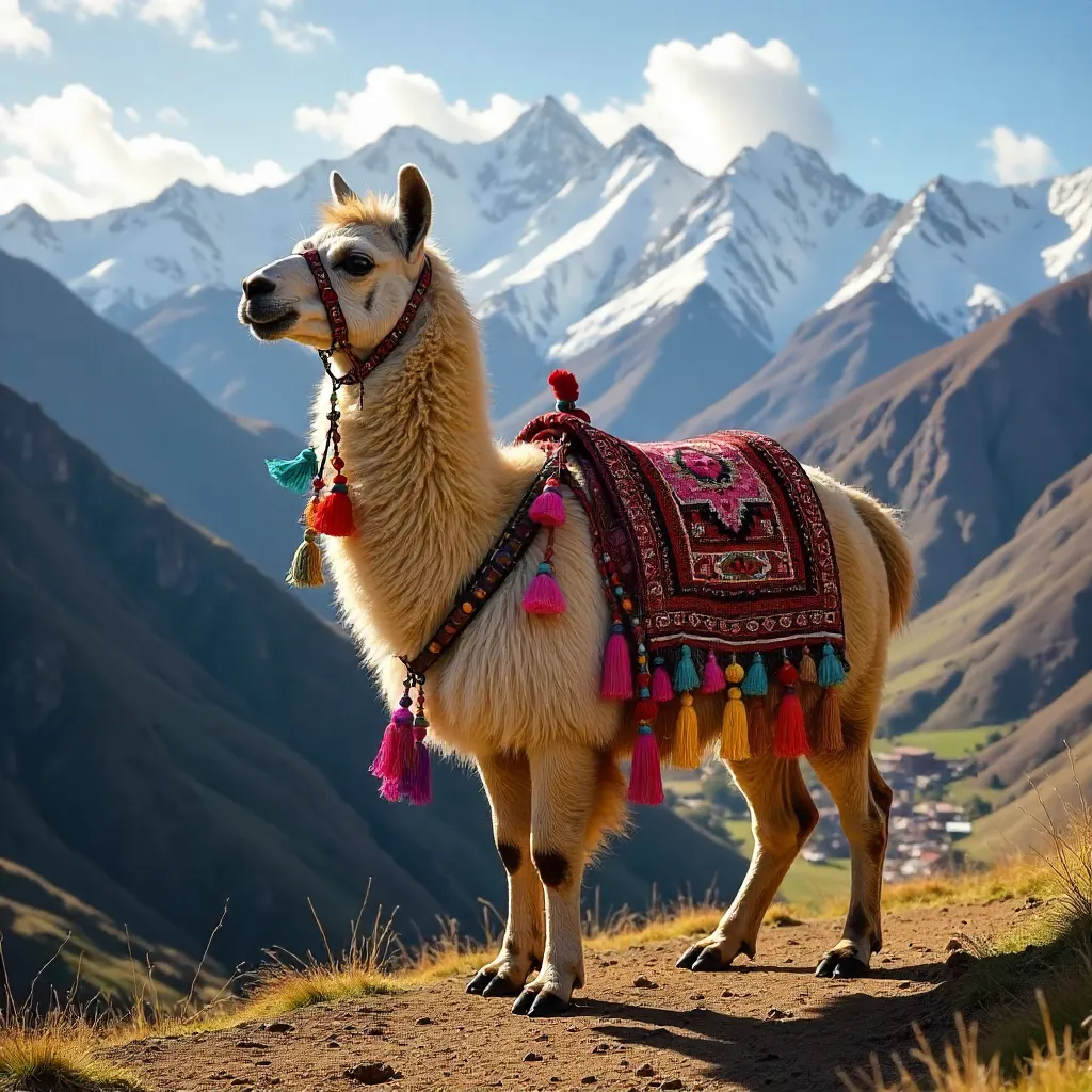 Colorful Tassel-Laden Llama in the Cusco Highlands