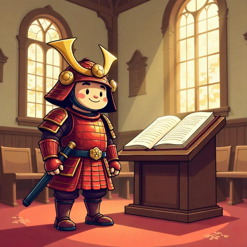 Cartoon Samurai in a Bright Synagogue