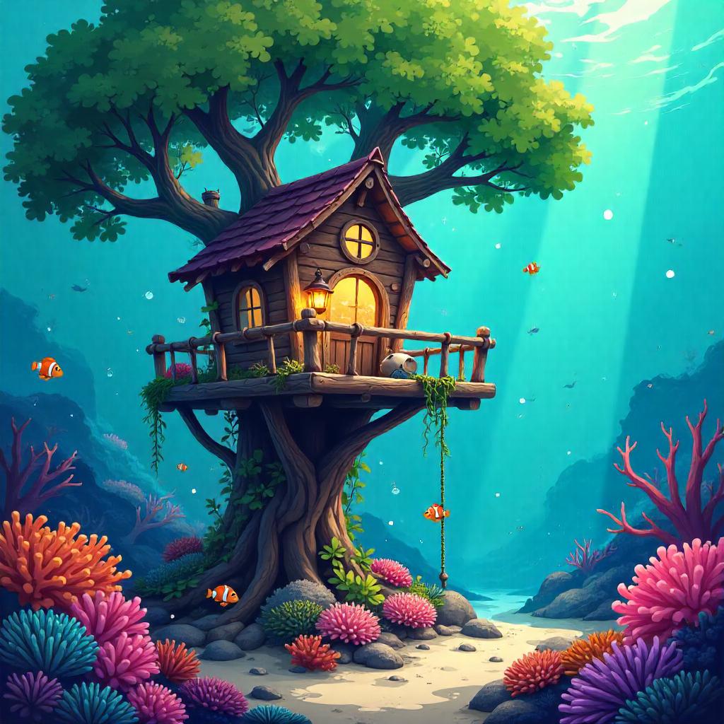 Underwater Anime Treehouse in a Coral Reef