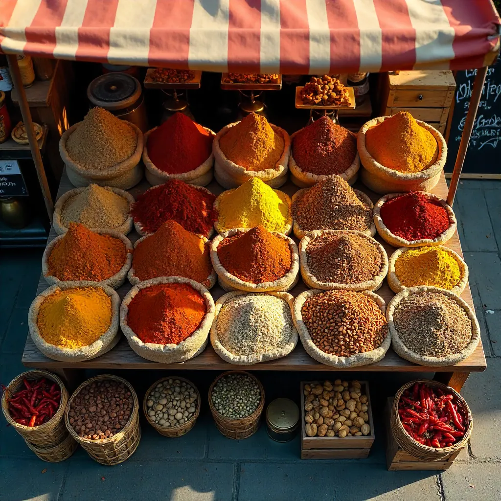 Overhead Market Stand Bursting with Spices and Nuts