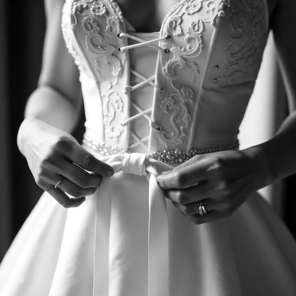 Close-Up Black-and-White: Bride Ties Laces