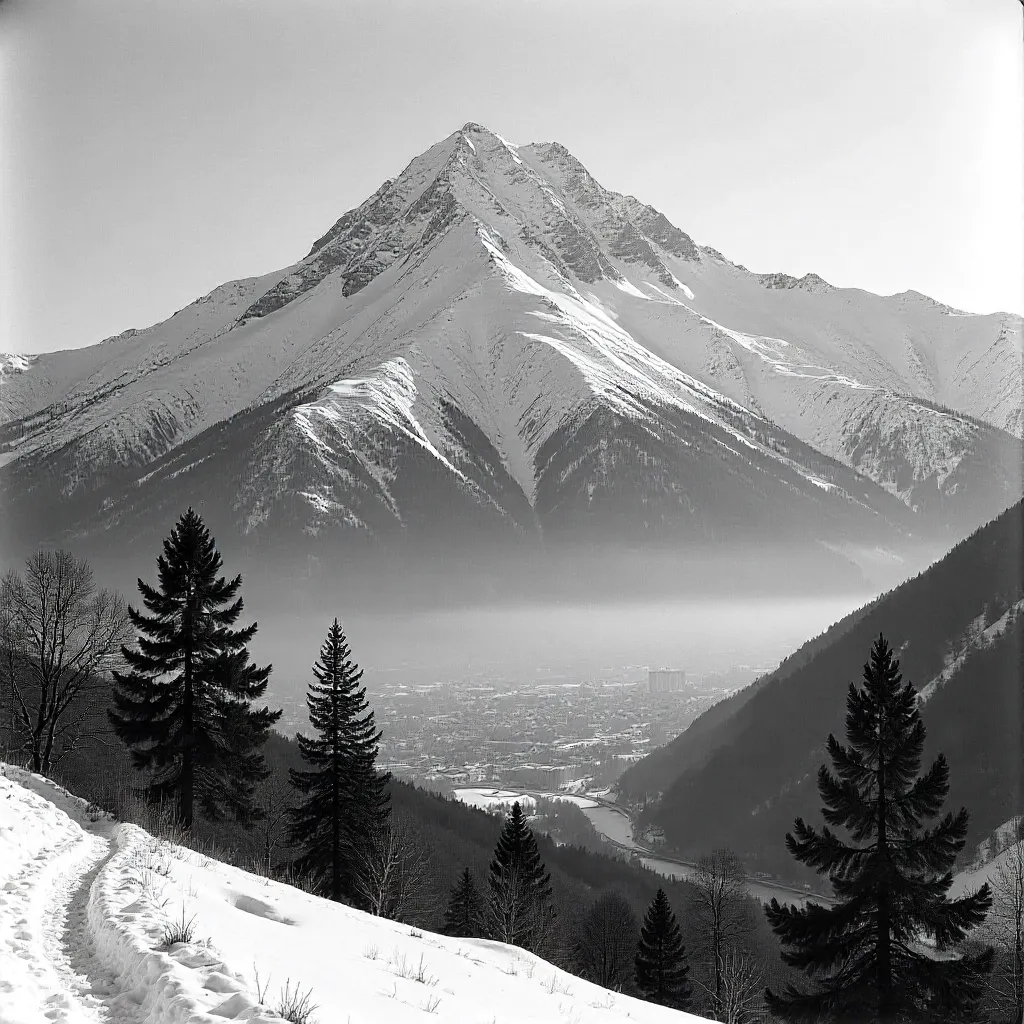 Monochrome Vista: Snow-Capped Vodno over Skopje