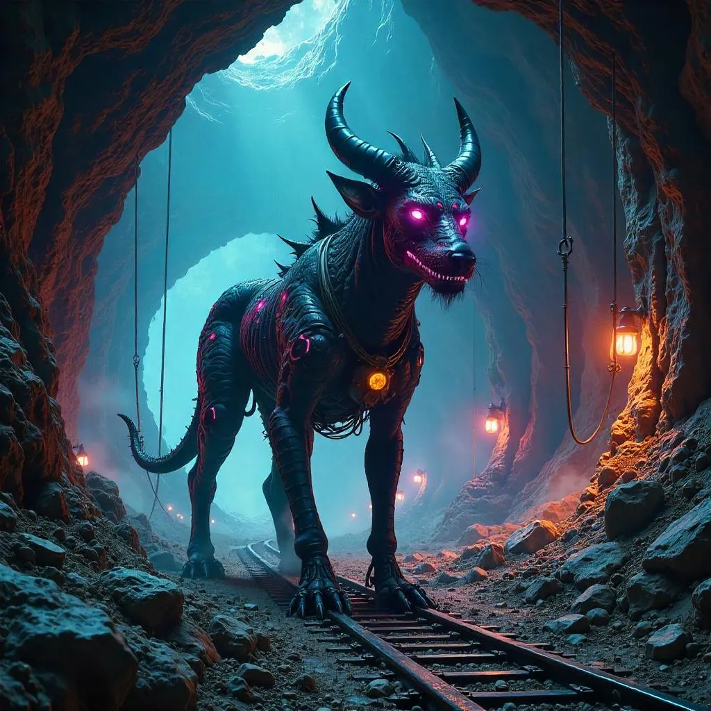 Neon Cerberus in a Dwarven Cyberpunk Mine