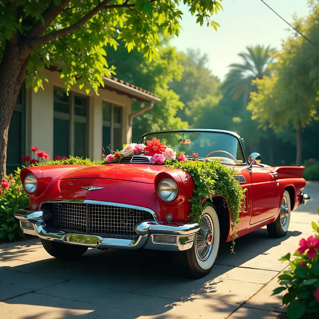 Floral-Adorned Vintage Car in Bright Garden