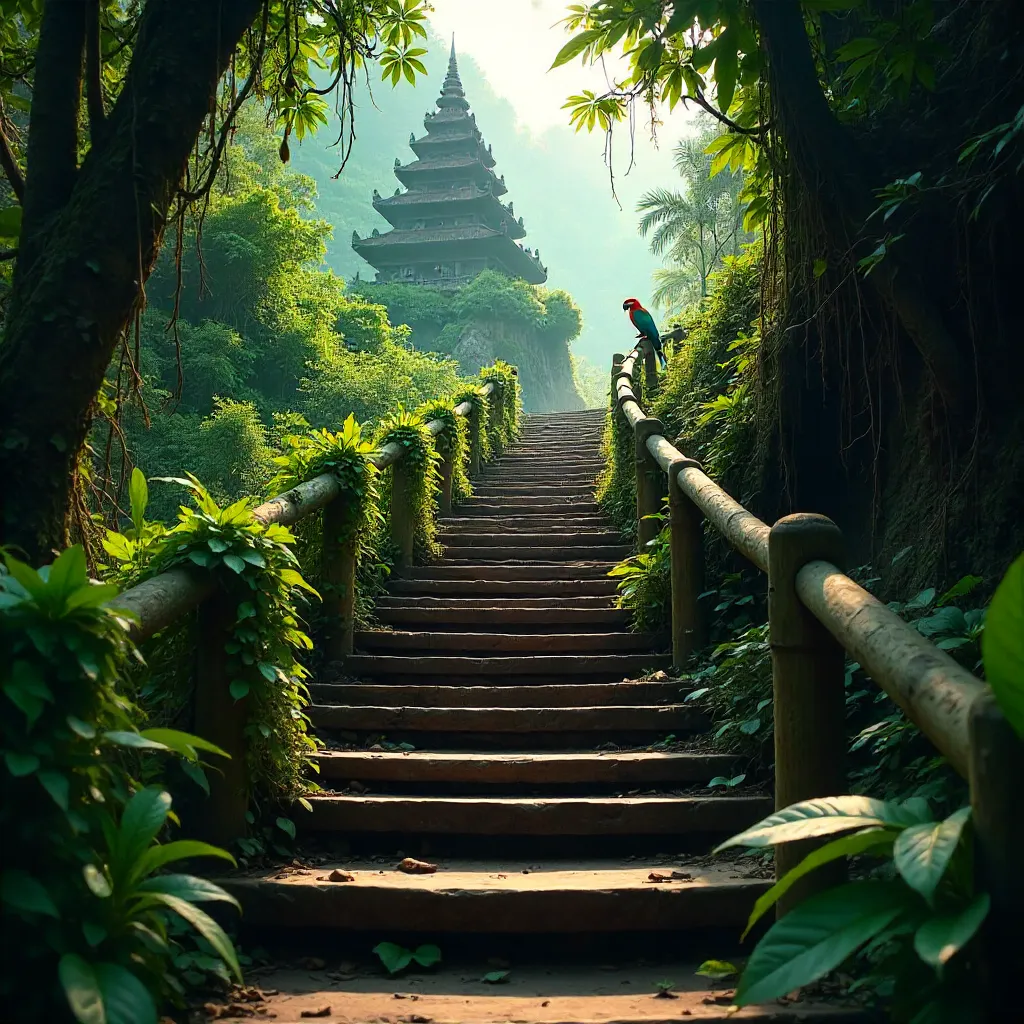 Ancient Wooden Staircase Ascending Through Jungle Canopy