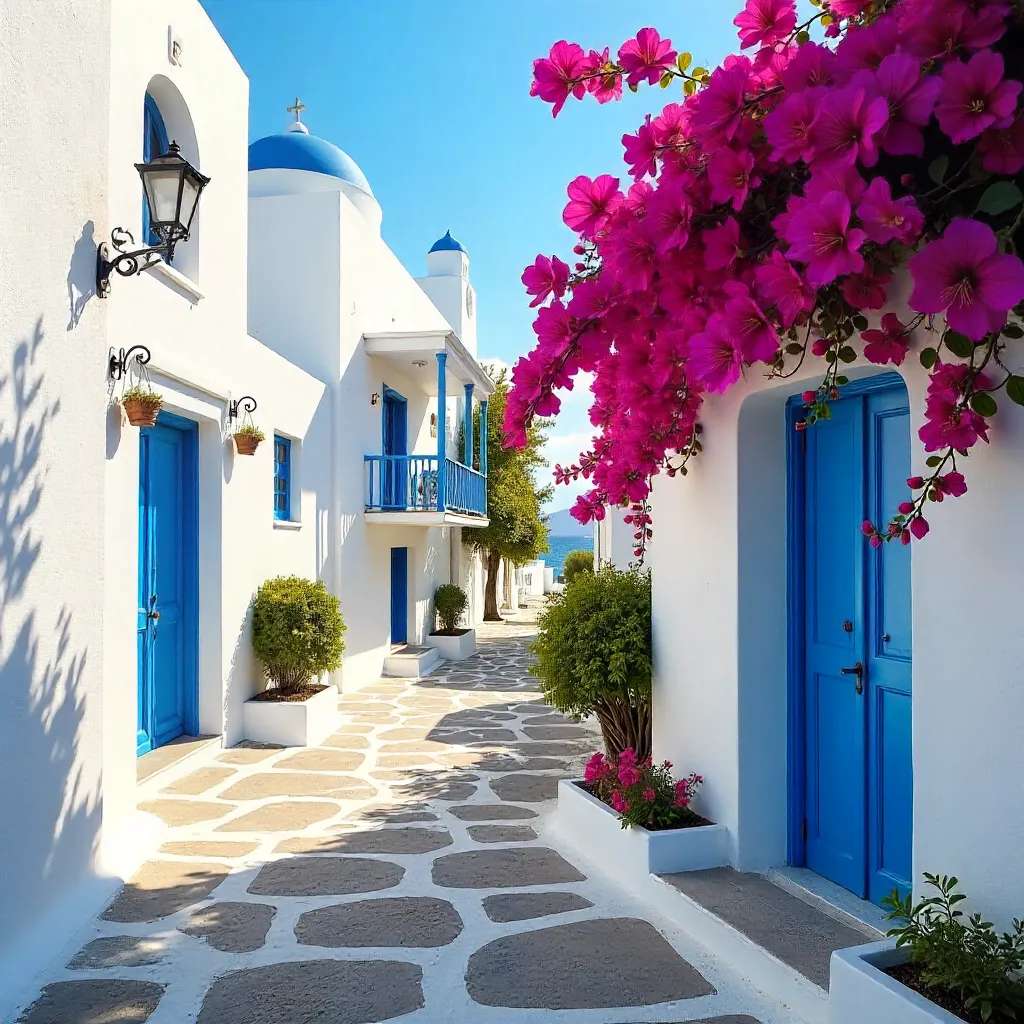 Bougainvillea over White Greek Architecture