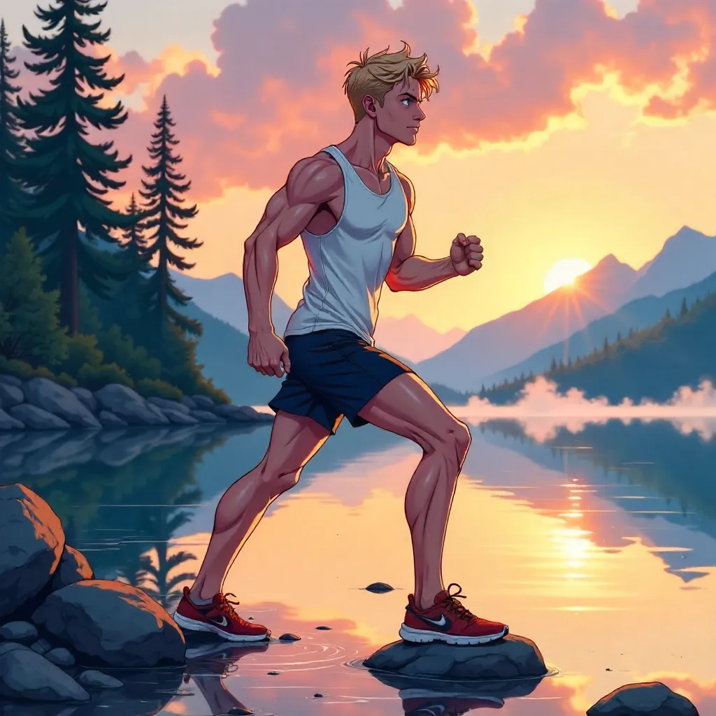 Athletic White Man by a Lake - Anime Scene