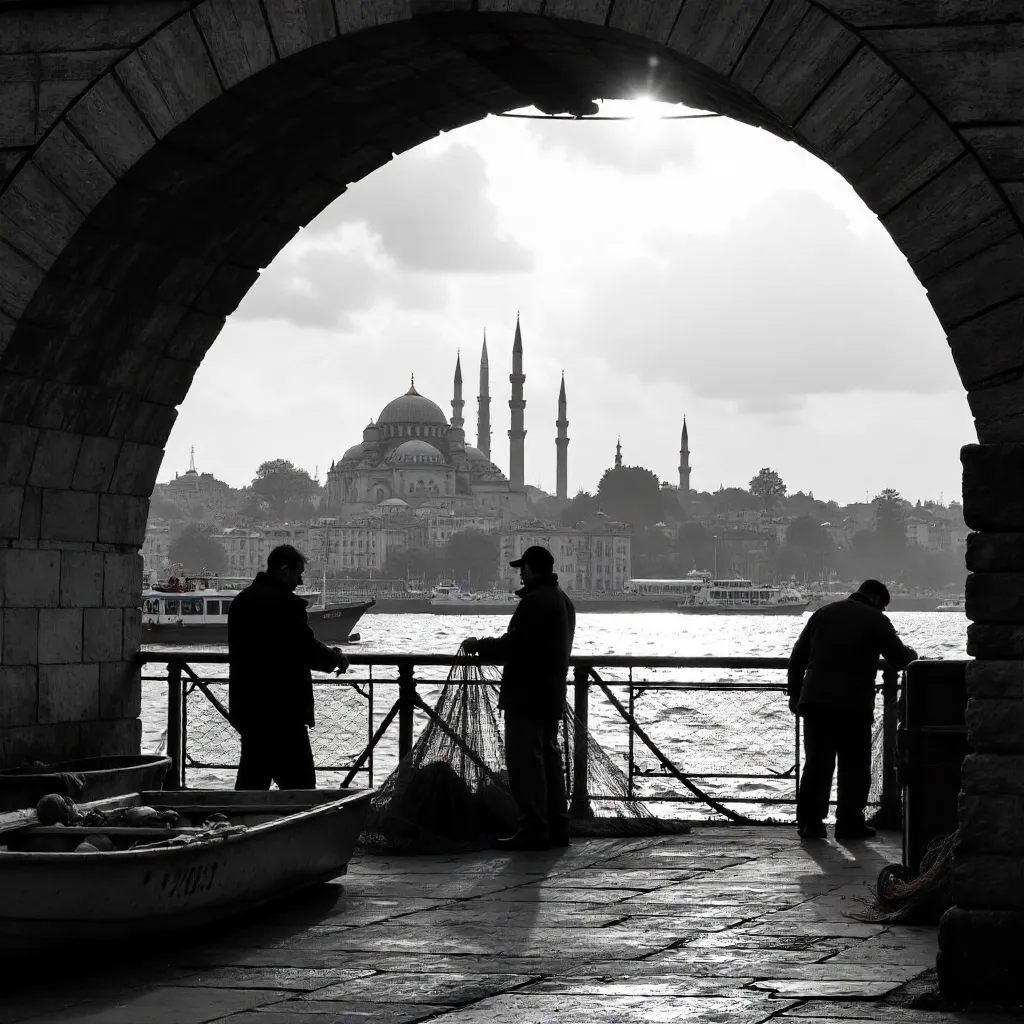 Black and White Galata Bridge: Mosque and Fishermen