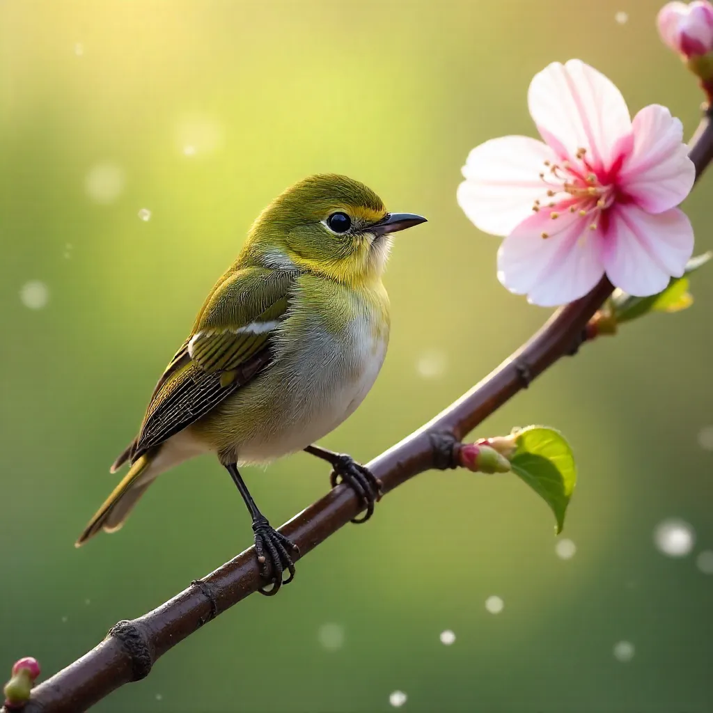 Springtime Japanese White-eye on Blossoming Branch