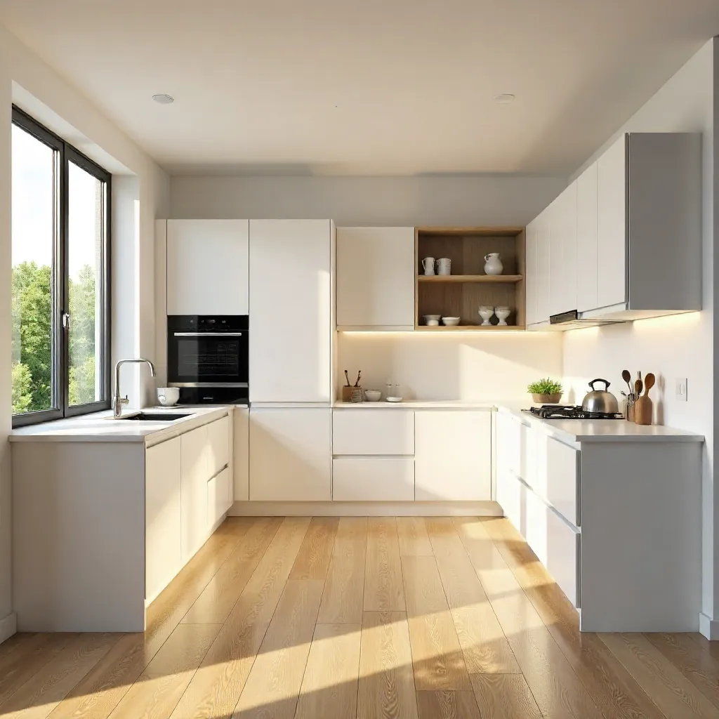 Sunlit Kitchen with Wooden Floors and Sleek Cabinets