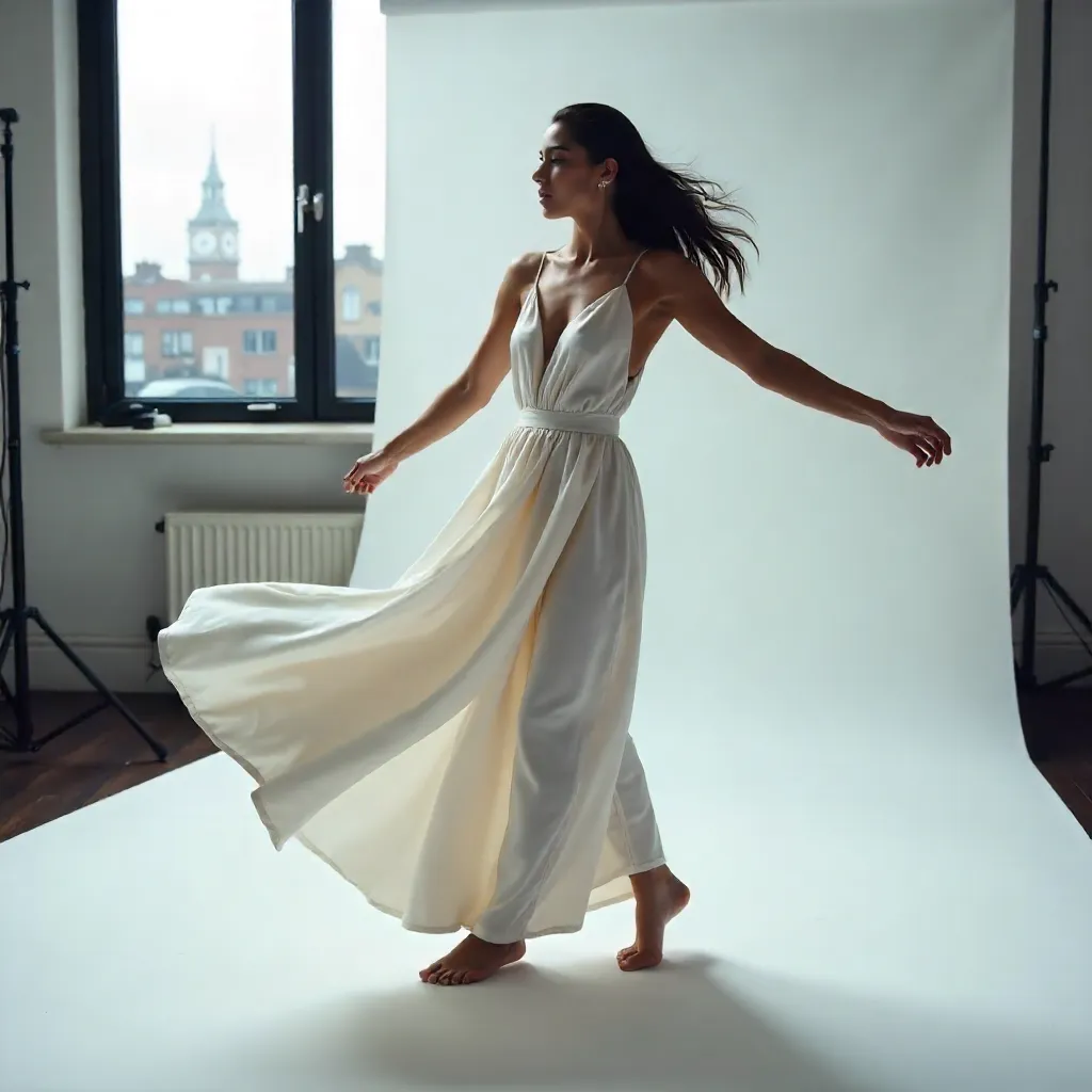 Dynamic London Studio Fashion Portrait in White Dress