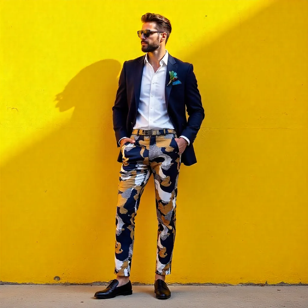 Patterned Pants Portrait by a Yellow Wall