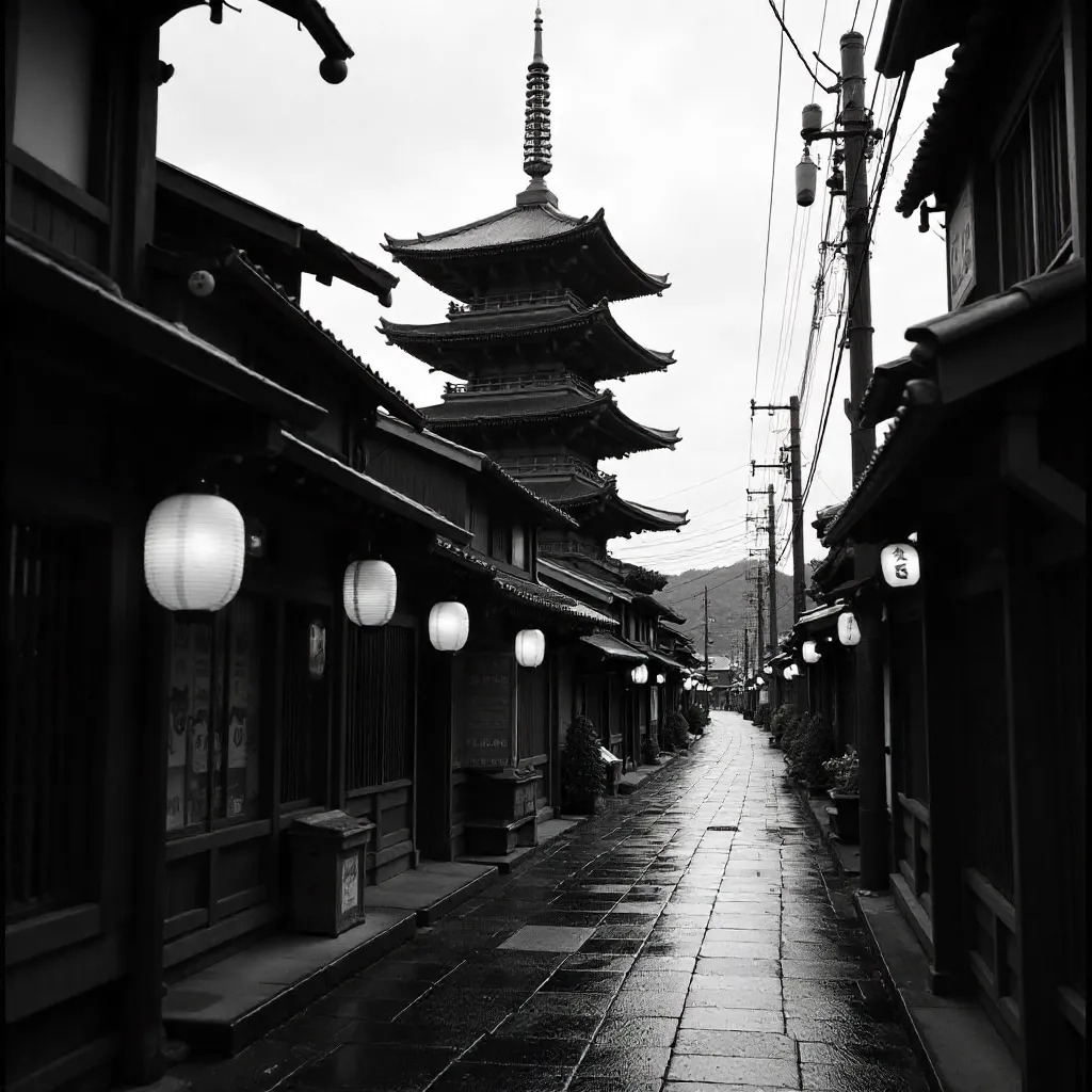 Monochrome Pagoda Street in Japan