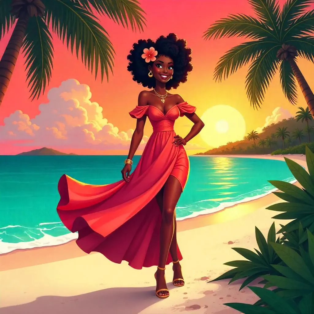 Elegant Black Girl in a Tropical Paradise – Cartoon Style