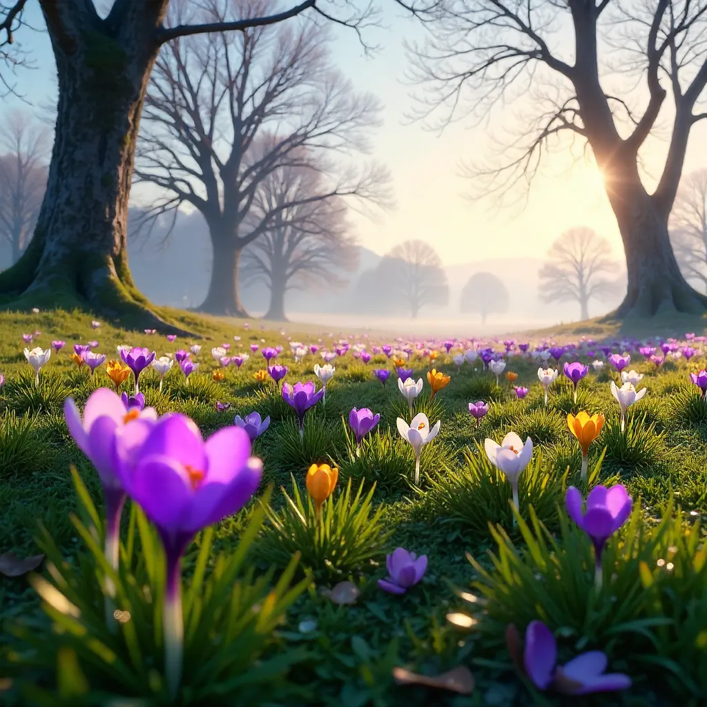 Crocus Meadow Under Bare Winter Trees
