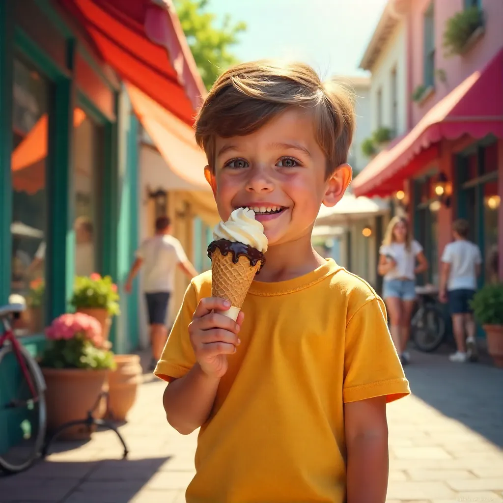 Sunny Day Joy: A Boy Enjoying Ice Cream Cone
