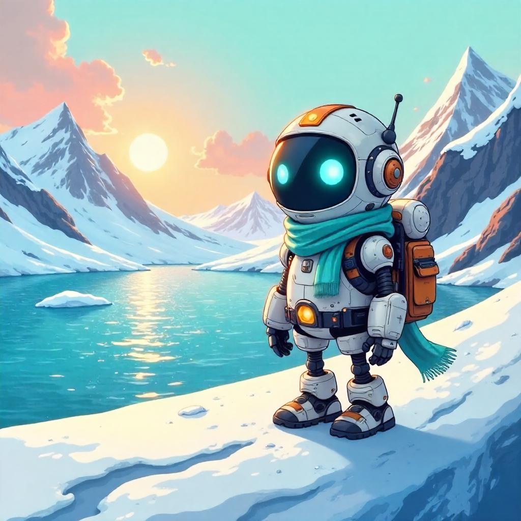 Cartoon Android on a Glacier Adventure