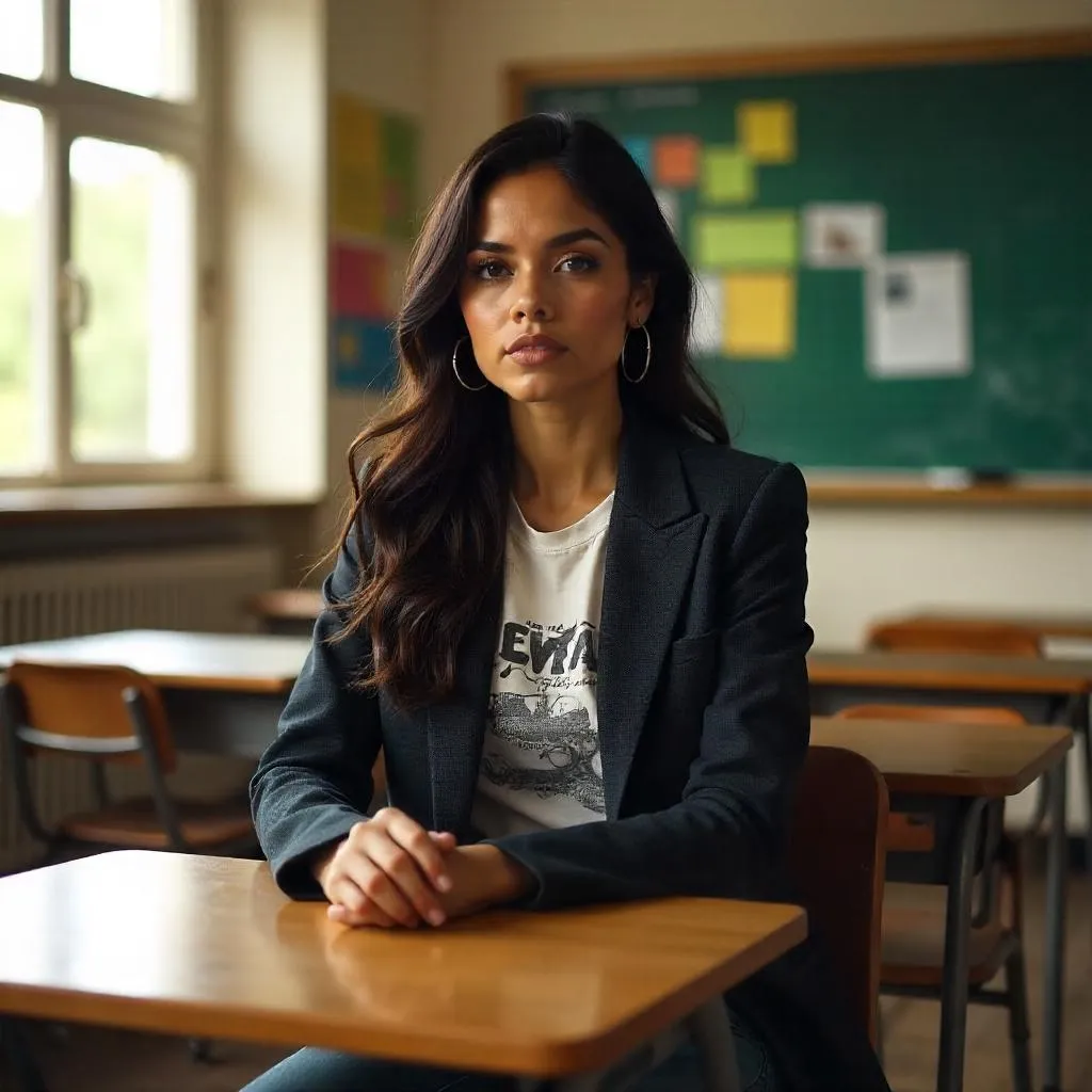 Stylish Latina Woman in a Photorealistic Classroom