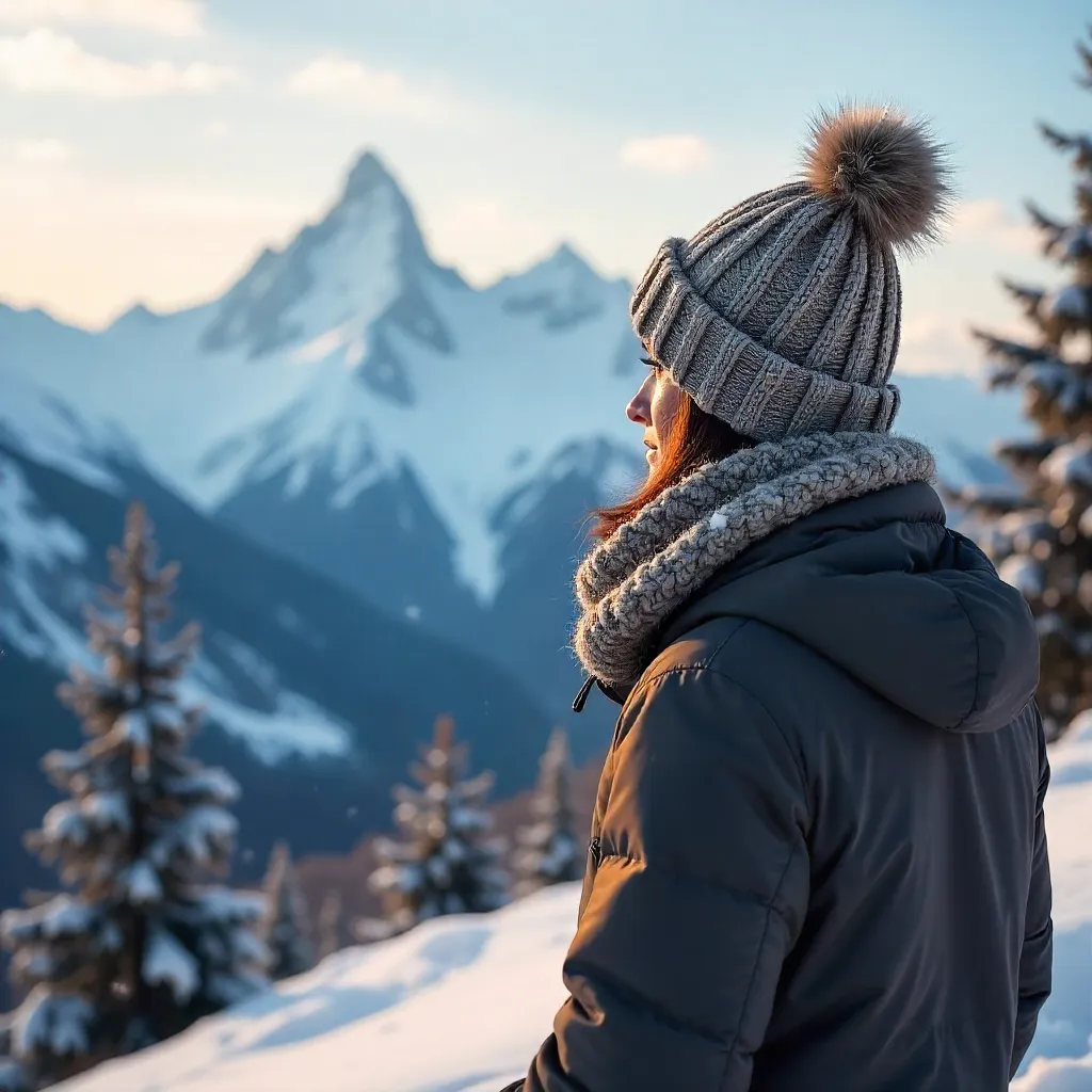 Winter Serenity: Adult in Cozy Hat Overlooking Snowy Mountains