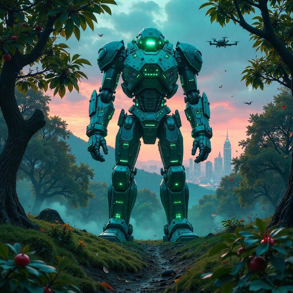 Neon Golem in a Cyberpunk Orchard