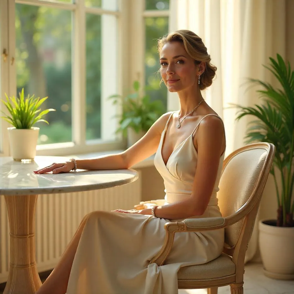Elegant White Woman in a Sunlit Sunroom
