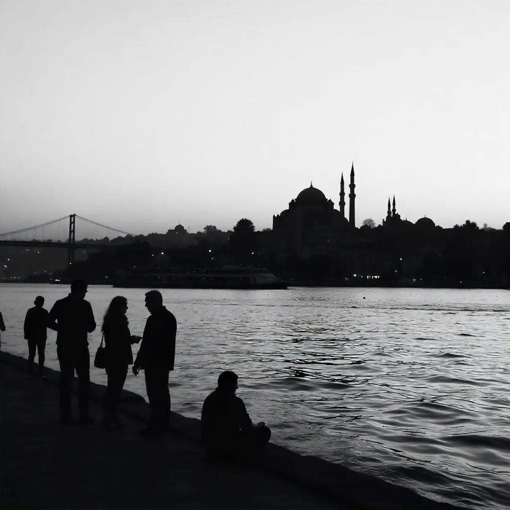 Silhouetted Figures Over Istanbul Skyline in Monochrome