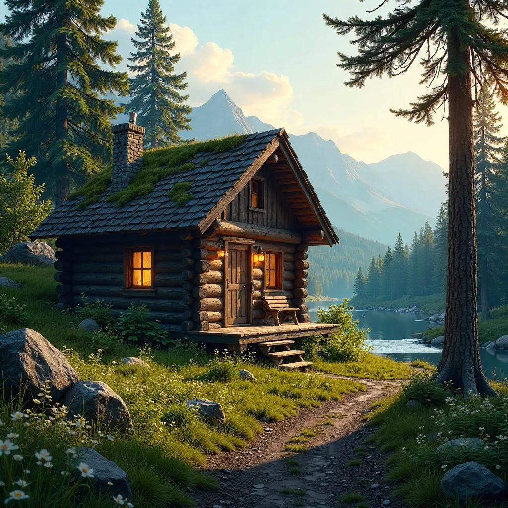 Tranquil Forest Cabin in Morning Light