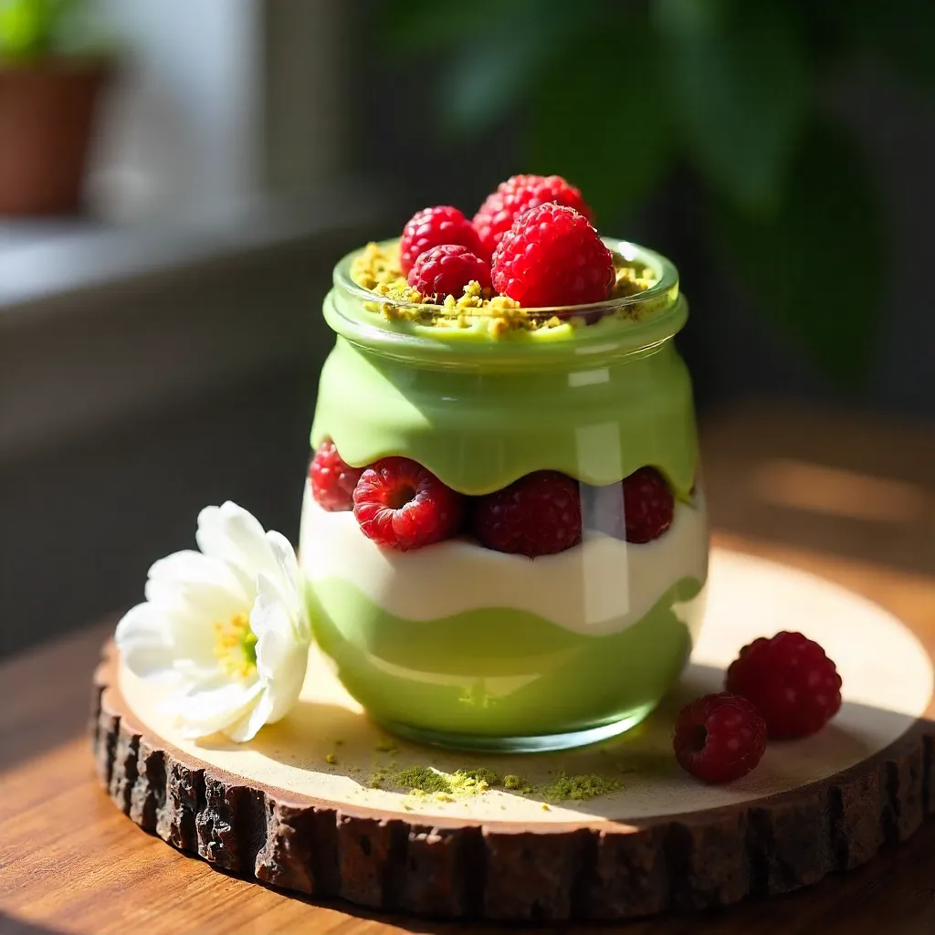 Matcha Berry Layered Dessert Jar on Wood Board