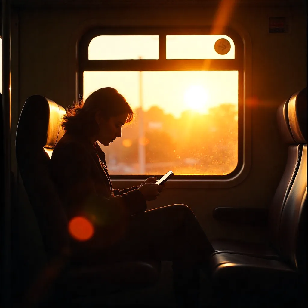Silhouette on a Train: Sunlit Moment with Phone