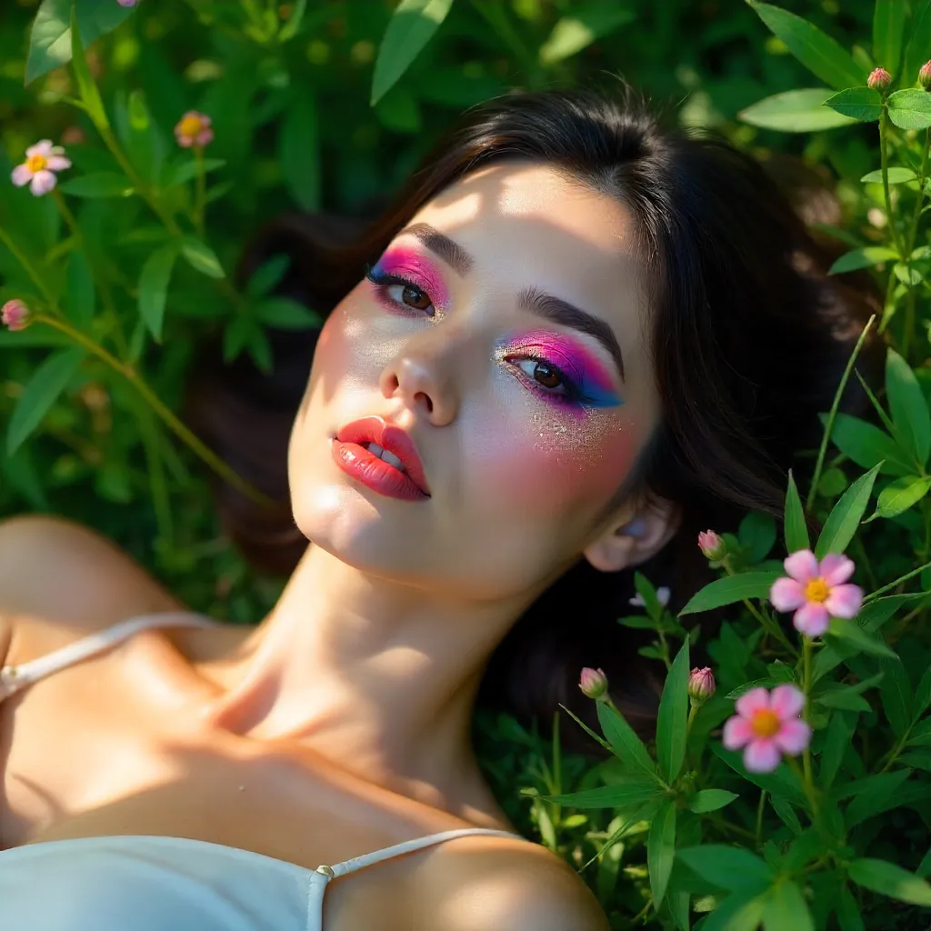 Sunlit Grass Portrait with Vibrant Artistic Makeup