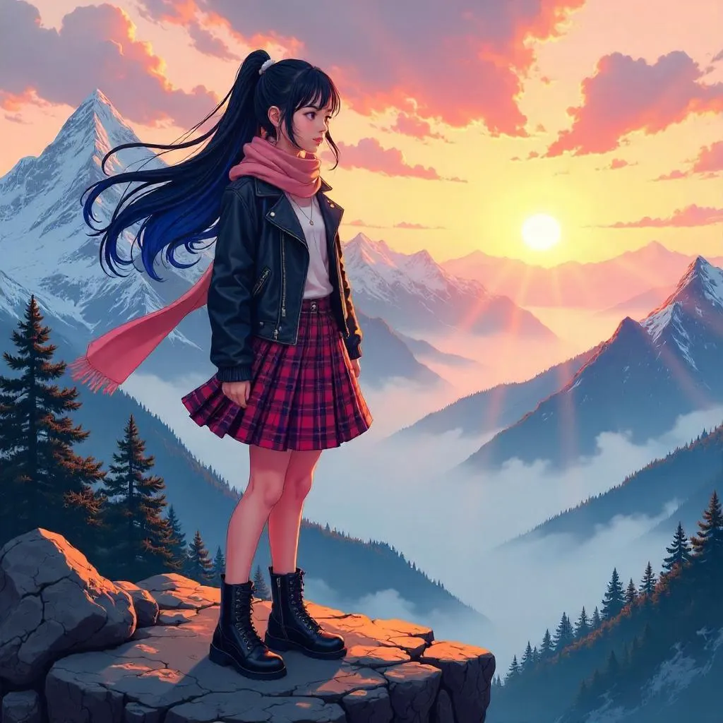 Stylish Asian Girl on Sunrise Mountain Ridge