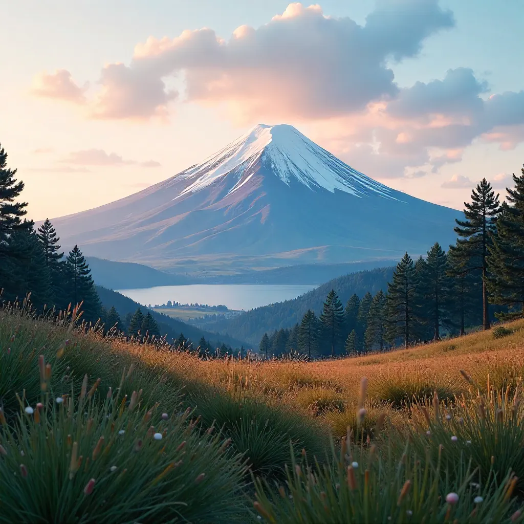 Snow-Capped Mount Fuji Above Foreground Grasses