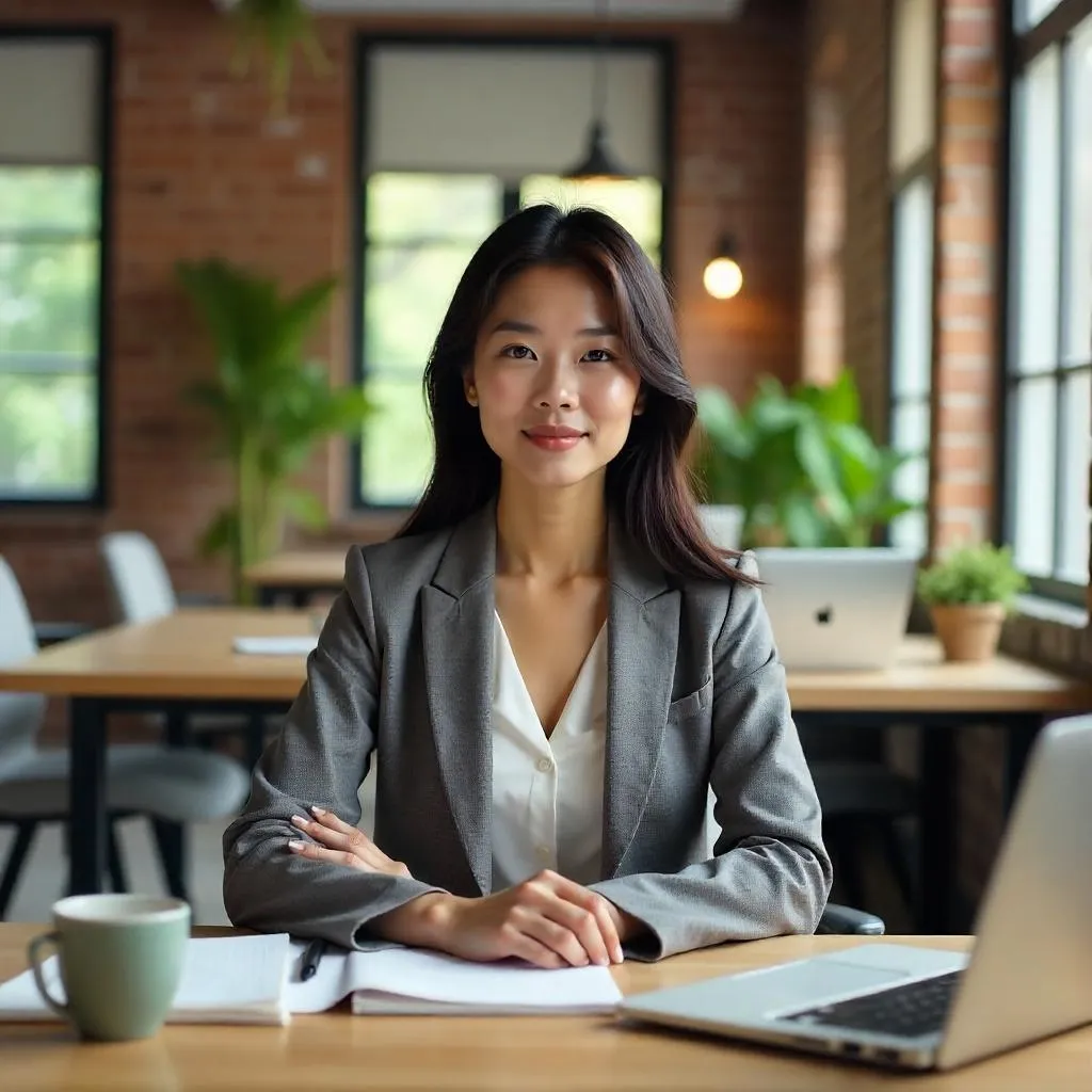 Confident Asian Woman in a Modern Coworking Space