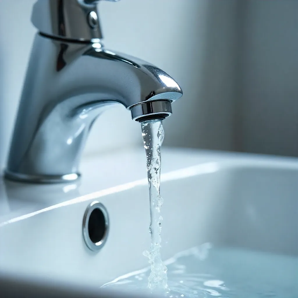 Macro Close-Up: Water Flow from Faucet into Sink