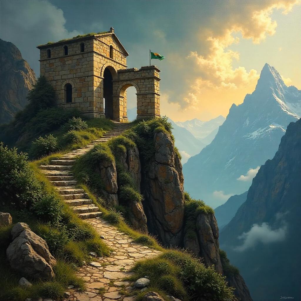 Ruins on a Mountain Peak: An Oil Painting