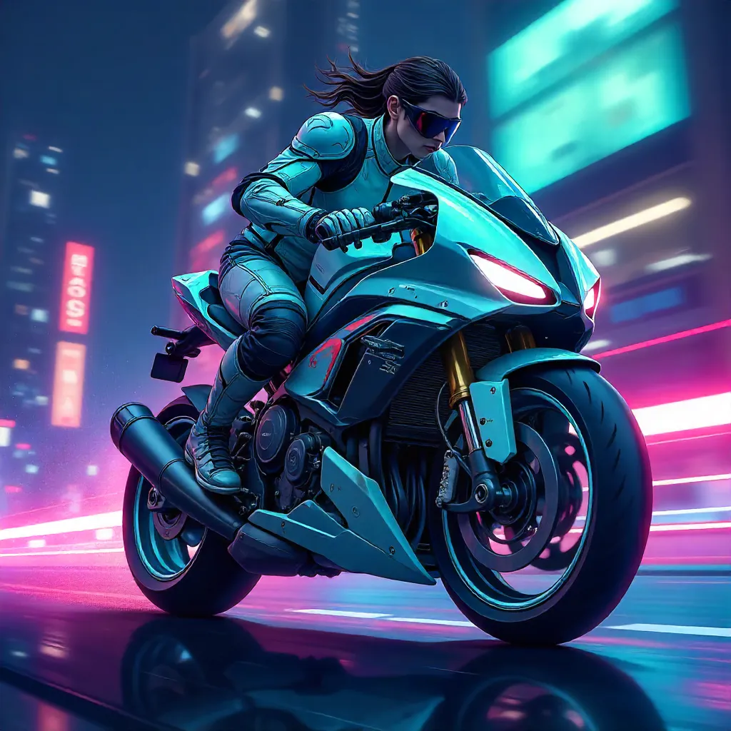 Athletic Caucasian Rider on a Neon Motorcycle