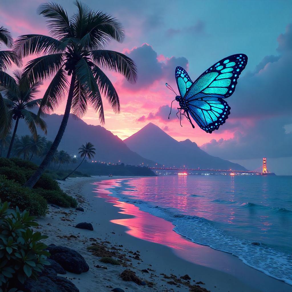 Neon Cyberpunk Butterfly on a Tropical Island