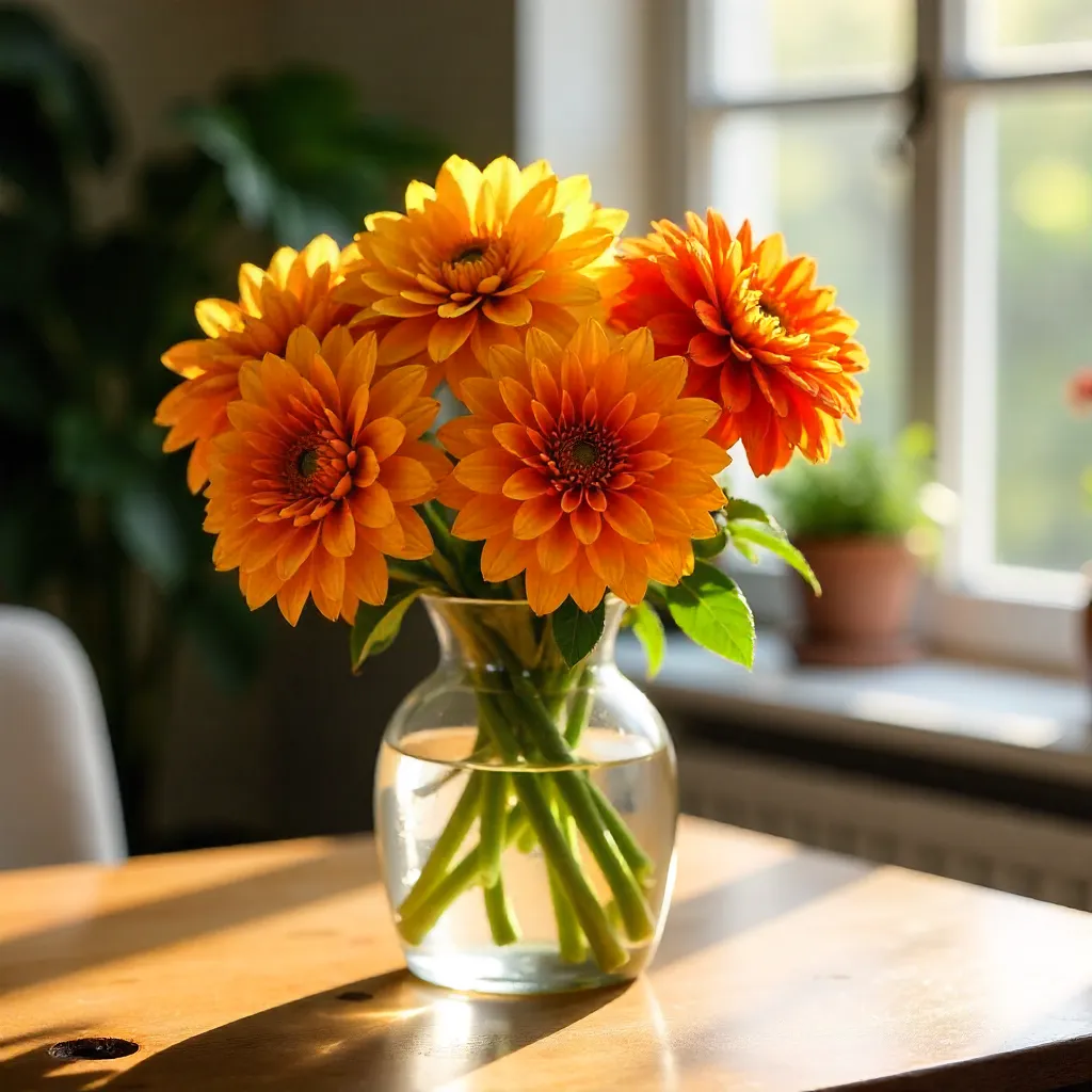 Sunlit Orange-Yellow Dahlias in a Vase Indoors