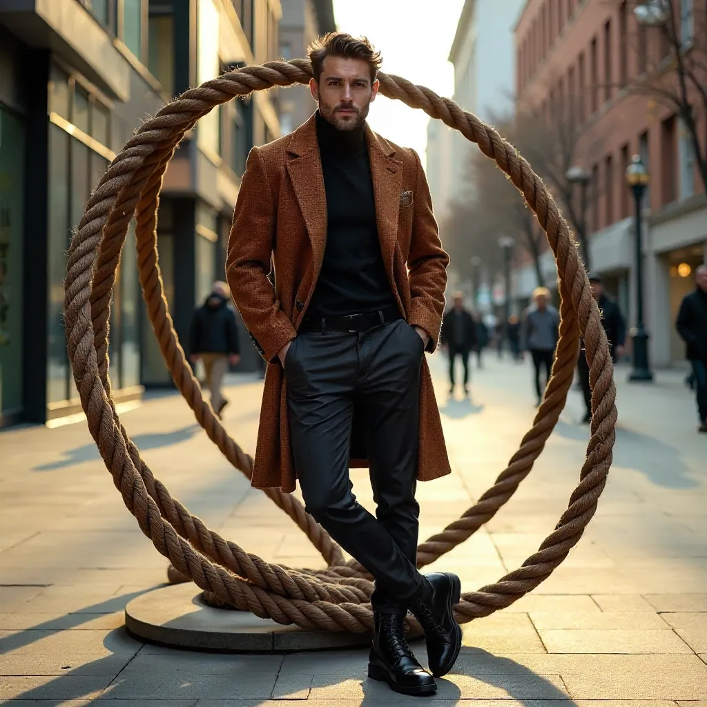 Urban Man in Brown Coat by Rope Installation