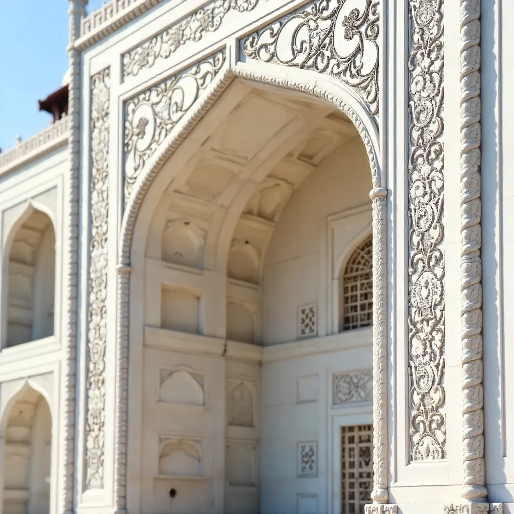 Close-up of Taj Mahal's Sunlit Marble Facade in Agra