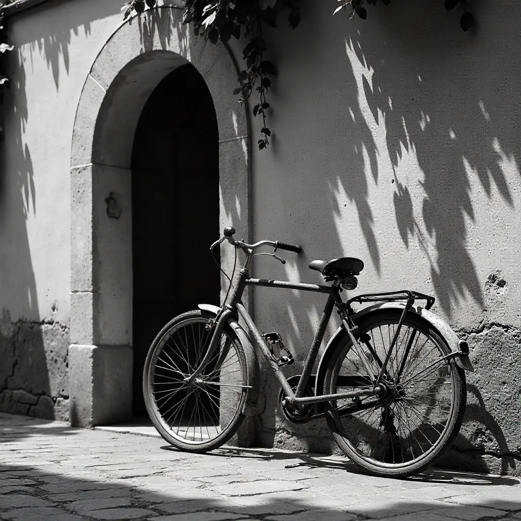 Vintage Bicycle by an Arched Rustic Wall (B&W)