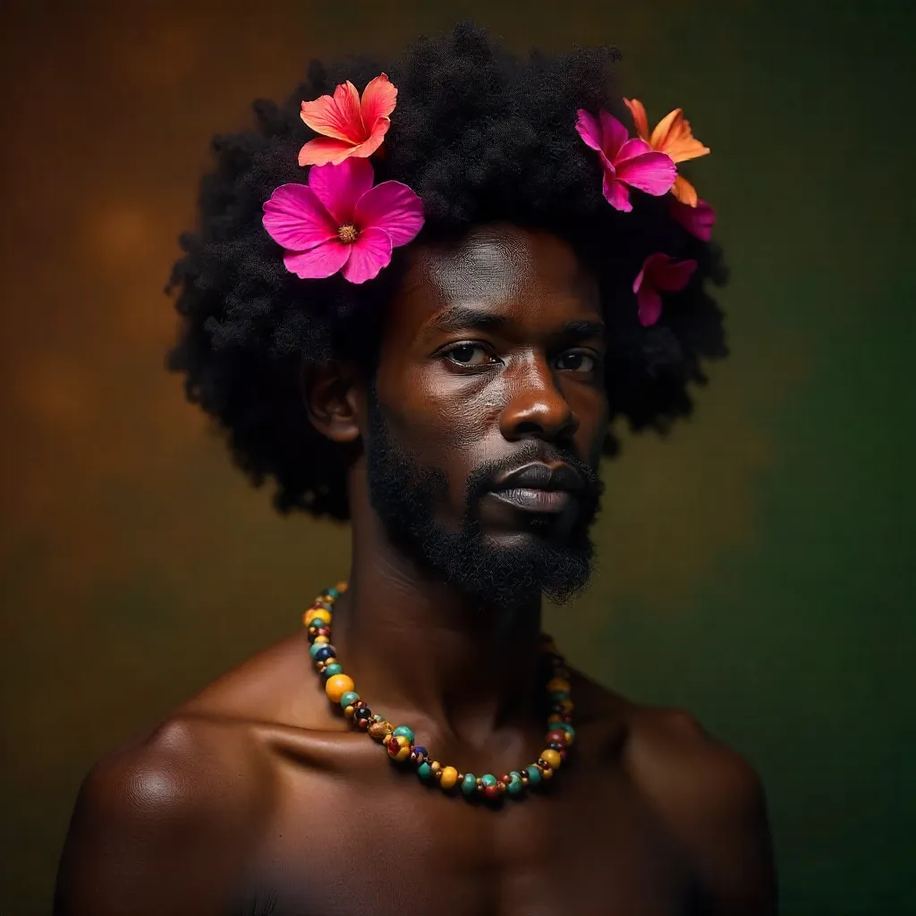 Floral Afro Portrait with Beaded Necklace